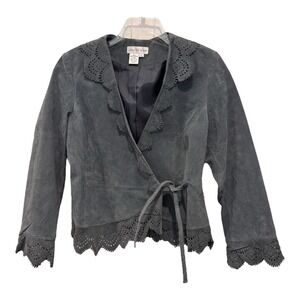 Newport News Wrap Jacket Womens 6 Gray Leather Cutout‎ Scallop Hem Boho Western